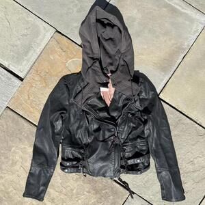 Faux Leather Hooded Biker Jacket